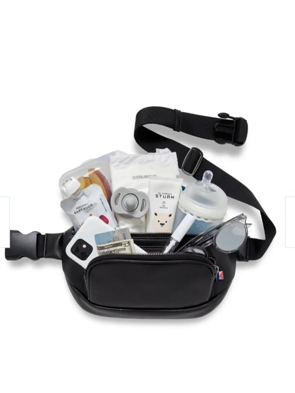 Kibou Vegan Leather Diaper Bag Black Changing Pad Wipes Pocket Belt Bag